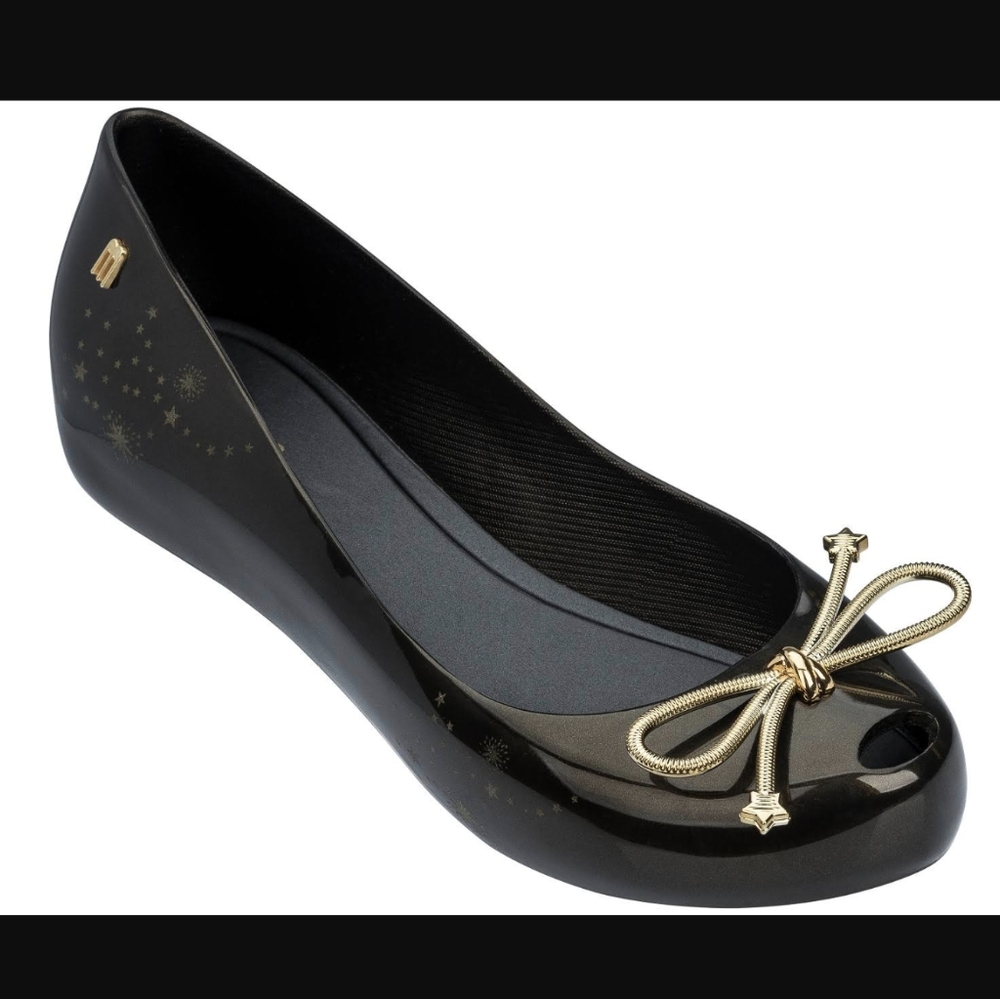 Mel Dreamed By Melissa Flat Peep Toe  Ultragirl Elements Black Stars Shoes Sz 1